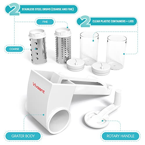 Vivaant Parmesan Cheese Grater Hand Crank, Restaurant-Grade Rotary Cheese Grater Handheld Italian Style with 2 Stainless Steel Drum Blades is Dishwas