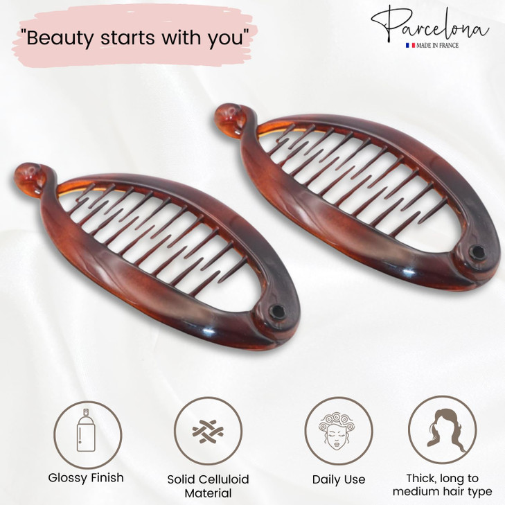Parcelona French Effortless Mini Tortoise Shell Pack of 2 Celluloid Clips for Thick Hair Ponytail Holder Banana Hair Clips for Women