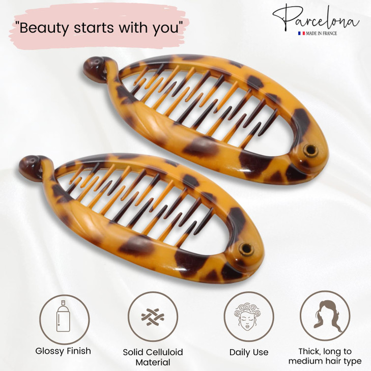 Parcelona French Effortless Mini Savana Tortoise Pack of 2 Celluloid Clips for Thick Hair Ponytail Holder Banana Hair Clips for Women