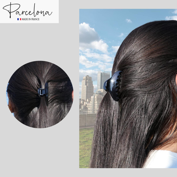 Parcelona French Skinny Boss Small 2 1/4" Black N Shell Celluloid Acetate Claw with Tight Spring Set of 2 Jaw Hair Claw Clips for Fine Hair, Made in