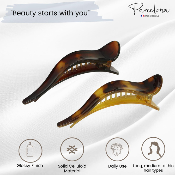 Parcelona French Brill Beak Medium 4 1/2" Salon Hinge Slide in Alligator Beak Slider Hair Claw Clips for Women (Light Tortoise Shell and Brown)