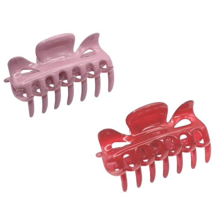Parcelona French Classic Small 2.5" Celluloid Set of 2 Jaw Hair Claw Clips for Women and Girls (Light Pink -Glossy Red)