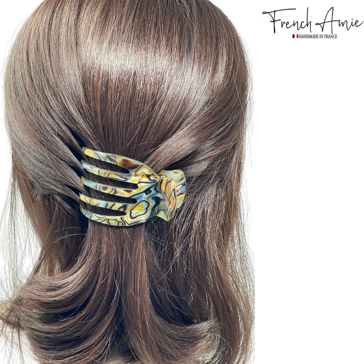 French Amie Bear Paw Small 2 ¾ Onyx Silver Grey Celluloid Handmade Salon Hinge Side Slide Yoga Jaw Hair Claw Clip