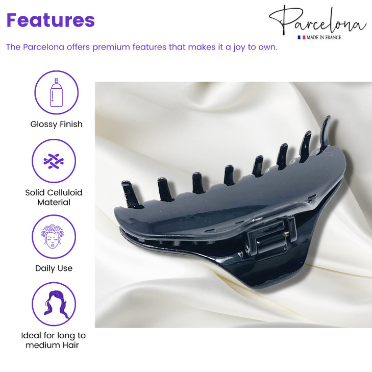 Parcelona French Skinny Boss Glossy Black Medium Covered Spring Jaw Hair Claw Clip Clutcher Clamp for Fine and Long Hair Types