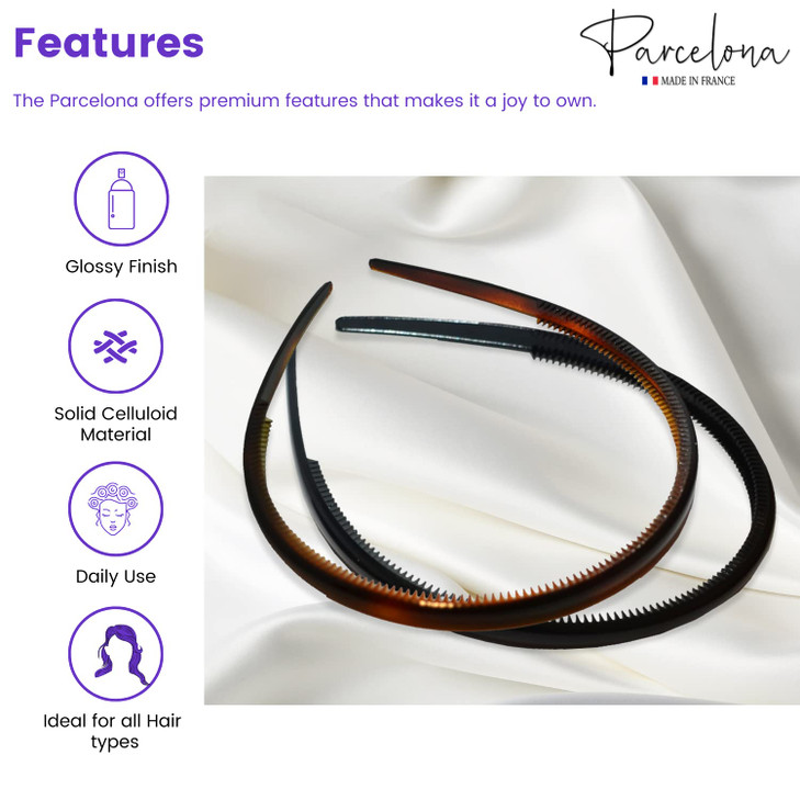 Parcelona French Thin Set of 2 Tortoise Shell Brown and Black Hair Headbands with Inner Teeth Nibs