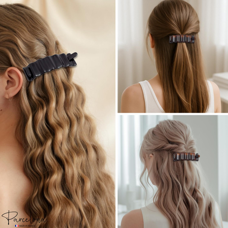 Parcelona French Crinkled Tortoise Shell and Black 3" Hair Clip Metal-Free Celluloid Acetate Barrette for Fine to Medium Hair Non-Slip, Durable Women