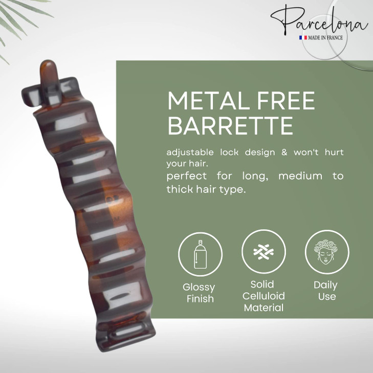 Parcelona French Crinkled Tortoise Shell 4 3/4" Hair Clip Metal-Free Celluloid Acetate Barrette for Long to Thick Hair Non-Slip, Durable Women Hair A