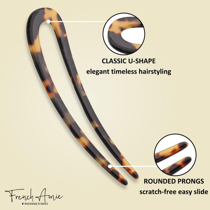 French Amie Slick Tokyo Large 4 1/4" Handmade Cellulose Acetate No Slip Grip Metal Free Chignon U Hair Pin Stick for Women and Girls, Made in France