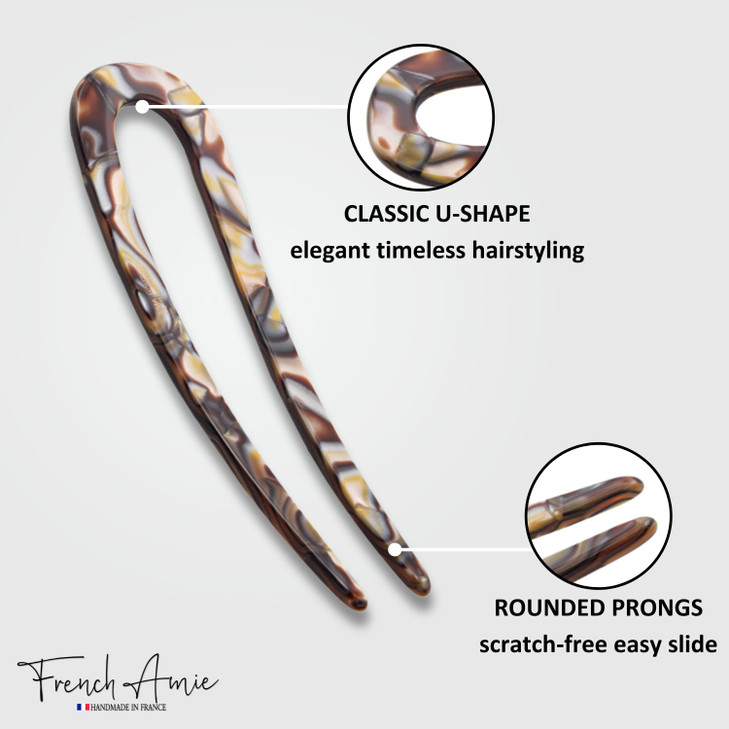 French Amie Slick Silver Onyx Grey Large 4 1/4" Handmade Cellulose Acetate No Slip Grip Metal Free Chignon U Hair Pin Stick for Women and Girls, Made