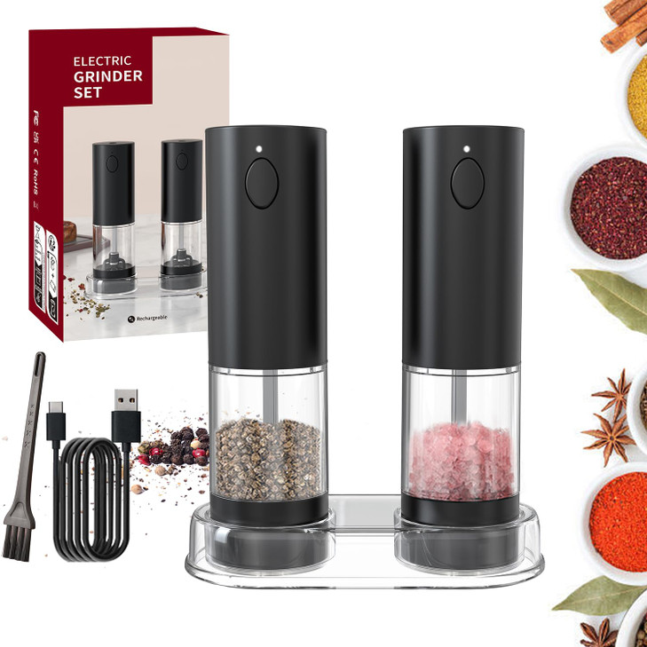 Gravity Electric Pepper and Salt Grinder Set, Adjustable Coarseness, With LED Light, One Hand Automatic Operation, 2 Pack (Black and white)