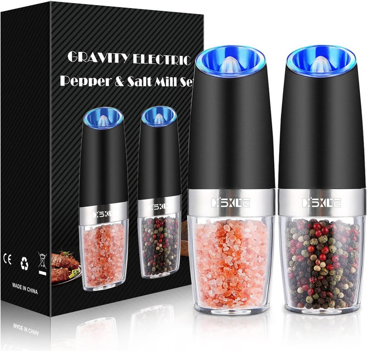 XinXu Gravity Electric Pepper and Salt Grinder Set, Adjustable Coarseness, Battery Powered with LED Light, One Hand Automatic Operation, Black -2 Pac