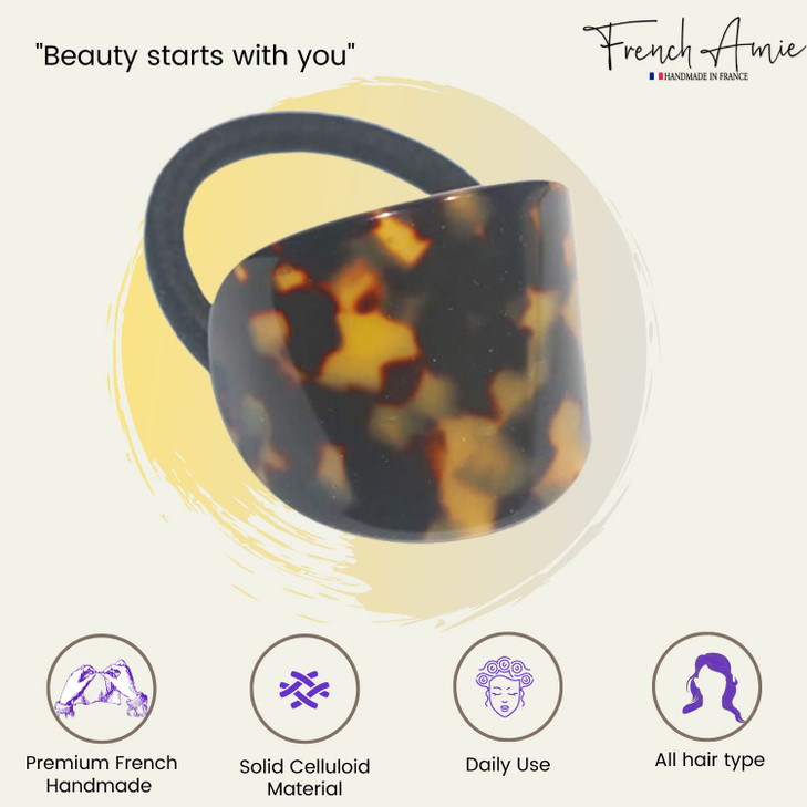 French Amie Curve Oval Tokyo Tortoise Shell Celluloid Handmade Ponytail Elastic Hair Tie for Women and Girls