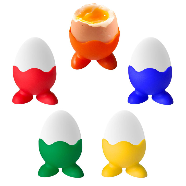 Silicone Egg Serving Cup (Set of 5 Holders) for Cooked Hard Boiled or Poached Soft Eggs - Multi Color Pack for Single Egg w Feet - Dishwasher Safe, E