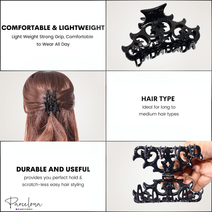 Parcelona French Beau Celluloid Acetate No Slip Sturdy Jaw Hair Claw Clips for Women and Girls (Black 3 1/2")