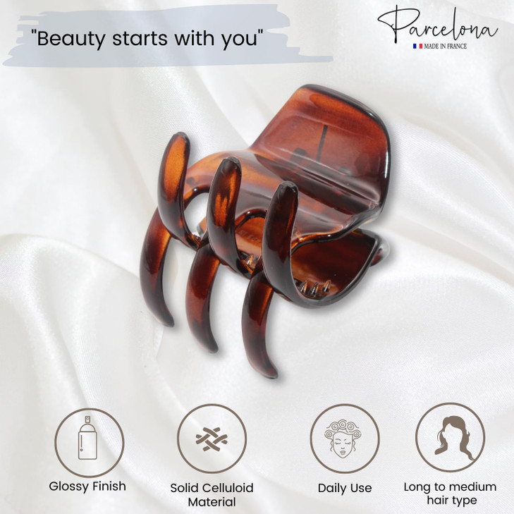 Parcelona French Classic Large Pony 1.75" Celluloid Non Slip Jaw Hair Claw Clips Fashion Durable Styling Women Hair Accessories, Made in France (Shel