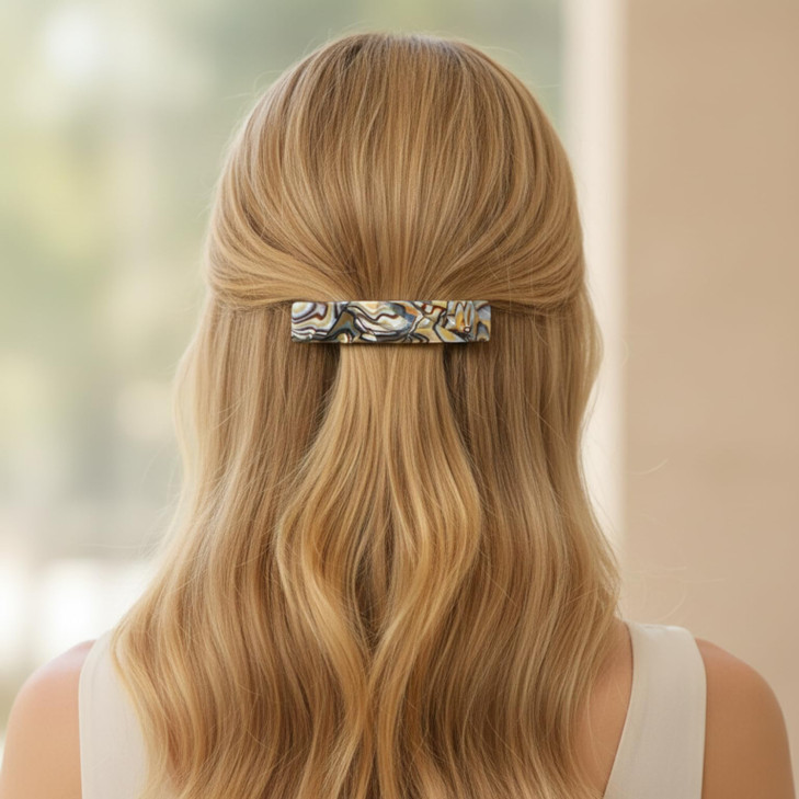 French Amie Oblong Silver Onyx Handmade 3.5 Inches Strong Grip Celluloid Silver Grey Onyx Automatic Hair Clip Hair Barrette - Long Lasting (Silver On