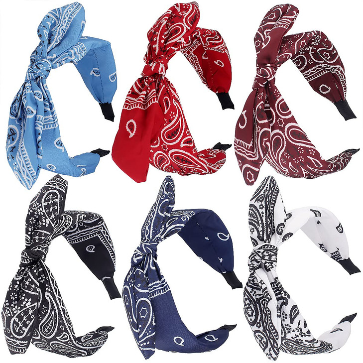 TOBATOBA 6pcs Paisley Knotted Bow Headbands with Removable Rabbit Ears - Top Knot & Turban Styles for Women & Girls
