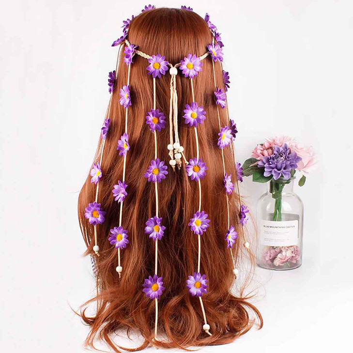 Fodattm Women Lady Handmade Gypsy Hippie Sunflowers Headdress Fascinator Headband Floral Crown Bohemian Flower Headwear Headpiece Hairband (Purple)