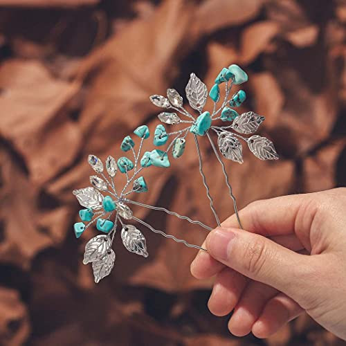 JEAIRTS Bridal Turquoise Hair Pins Silver Western Wedding Hair Accessories for Women