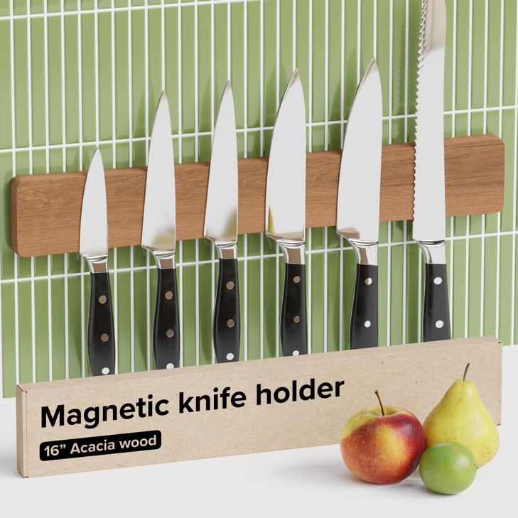 Wooden Knife Magnetic Strip 16" Acacia Wood Natural Beech  Magnetic Knife Holder for Wall no Screws  Kitchen Utensil Holder, Knife Bar, Knife Rack,