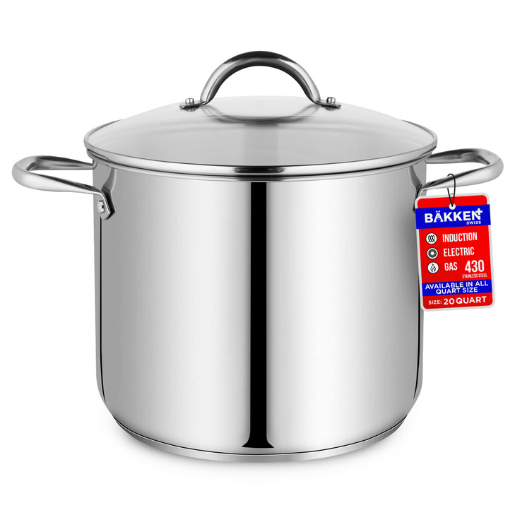 Stainless Steel Stockpot with Tempered Glass Lid 20 Quart, Durable 18/0 Stainless Steel, Impact-Bonded Base for Even Heating, Riveted Handles, Oven &