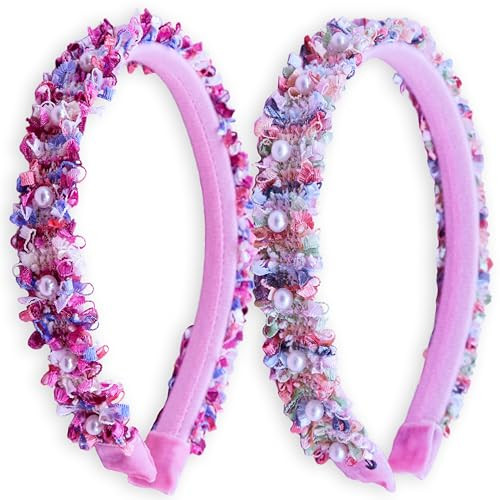FROG SAC 2 Headbands for Girls, Pink Pearl Beaded Head Bands for Kids, Cute Little Girl Headband Hair Accessories, Confetti Pearl Bead Hair Band for