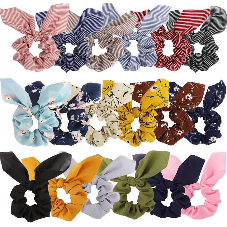 20 Pcs Chiffon Silk Scrunchies with Bows, Solid Color Stripe Floral Bow Ponytail Holders, Rabbit Bunny Ear Bowknot Hair Accessories
