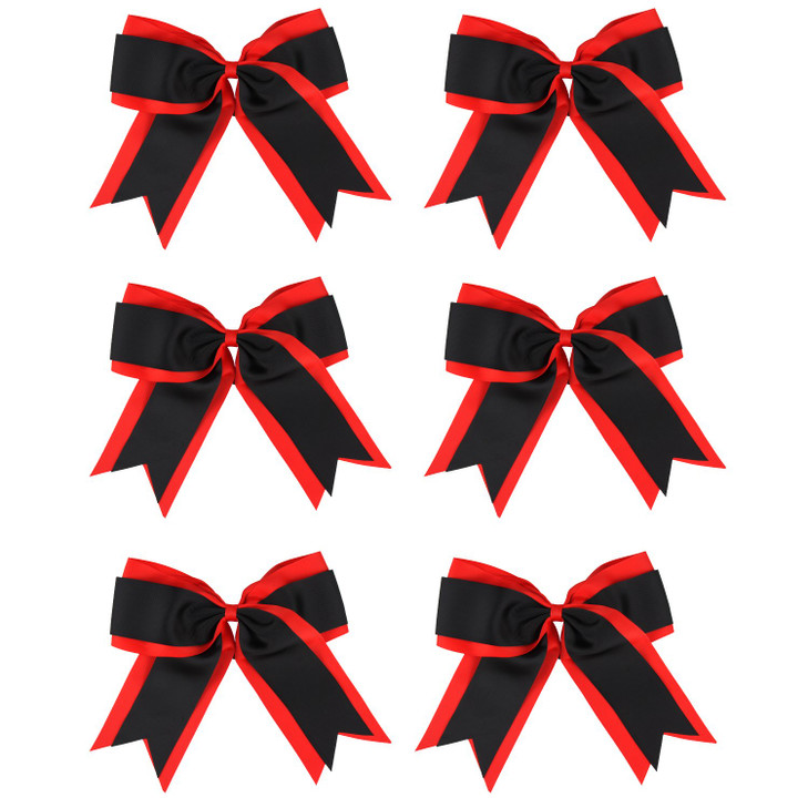 8 Inch 2 Colors Cheerleader Bows 2 Layers 6 Pcs Ponytail Holder Cheerleading Bows Hair Elastic Hair Tie (Red/Black)