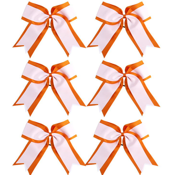 8 Inch 2 Colors Cheerleader Bows 2 Layers 6 Pcs Ponytail Holder Cheerleading Bows Hair Elastic Hair Tie (Orange/White)