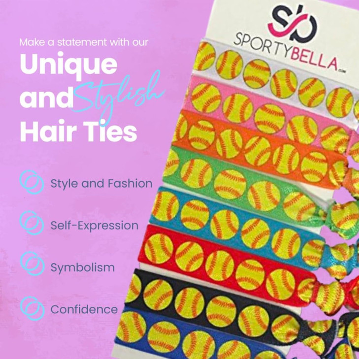 Softball Hair Ties  Sportybella Elastic Ponytail Holders (Set of 8)  No Crease, Colorful Softball Team Accessories Gifts for Players, Coaches, Mom