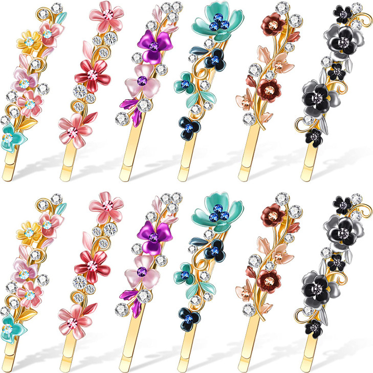 WILLBOND 12 Pieces Vintage Flower Hair Pins Women Barrette Bobby Pins Decorative Metal Gold Tone Hairpins Colorful Floral Design Hair Clips French Rh