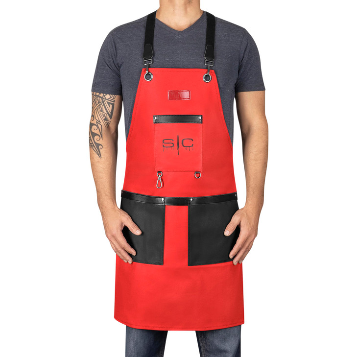 Stylecraft Hair Cutting Apron, Heavy Weight, Waterproof, Professional Barber-Salon Cross Back Strap and Pockets (Red)