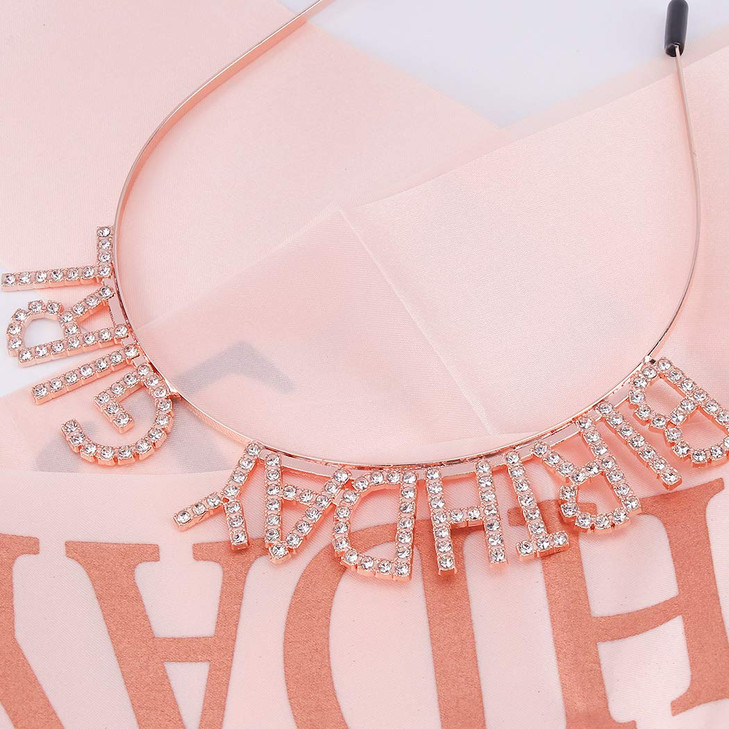 AOPRIE Birthday Girl Crown for Women with Sash Rose Gold Tiara for Women Headband Princess Crown Rhinestone Happy Birthday Accessories