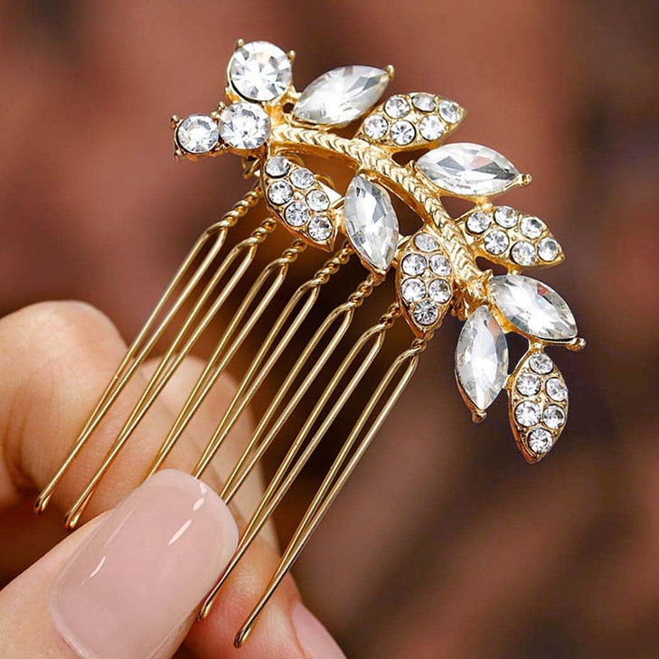 Foyte Crystal Bride Wedding Hair Comb Leaf Bridal Headpieces Rhinestone Hair Pieces Bridesmaid Side Combs Hair Accessories for Women (gold leaf)