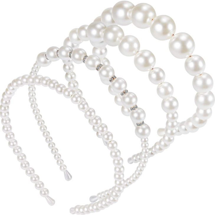 WILLBOND 4 Pcs Pearls Headbands Women White Faux Pearl Rhinestones Hairbands Bridal Hair Hoop Wedding Hair Accessories for Women