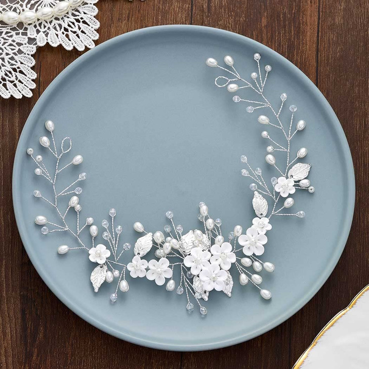 Unicra Flower Hair Vine Pearl Bridal Headpieces Wedding Hair Pieces Silver Prom Hair Accessories for Brides and Women (12.5 Inches)