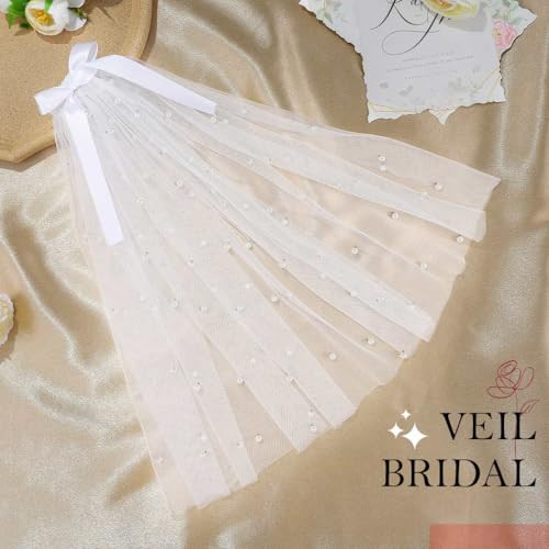JEAIRTS Pearl Wedding Veil White Tulle Bridal Veils with Bow Dainty Bachelorette Party Hair Accessories for Women
