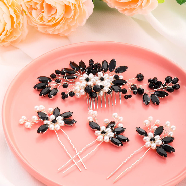 Yeshone 5 Pieces Wedding Hair Comb Bridal Pins Crystal Pearl Wedding Hair Accessories Rhinestone Flower Piece for Bride Bridesmaids Women(Black)