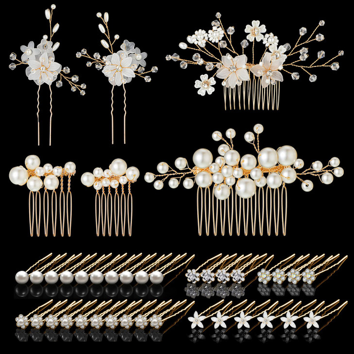 40 Pieces Bridal Hair Accessories Wedding Bridal Hair Pins Decorative Flower Pins U-shaped Pearl Hairs Pin Gold White Crystal Rhinestone Headpiece fo