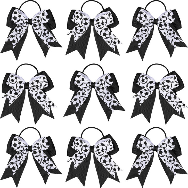10 Hair Accessories - Soccer Hair Bows, Elastic Ponytail Holders, and Sport Hair Ties for Girls Players and Teams (Black and White)