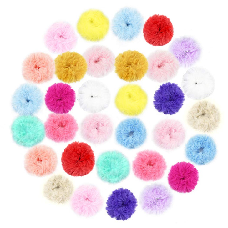 jiebor 32PCS Faux Fur Scrunchies and Hair Accessories for Women - Fuzzy Hair Ties, Bands, Ropes, Wristbands, Rings for Ponytail Holders