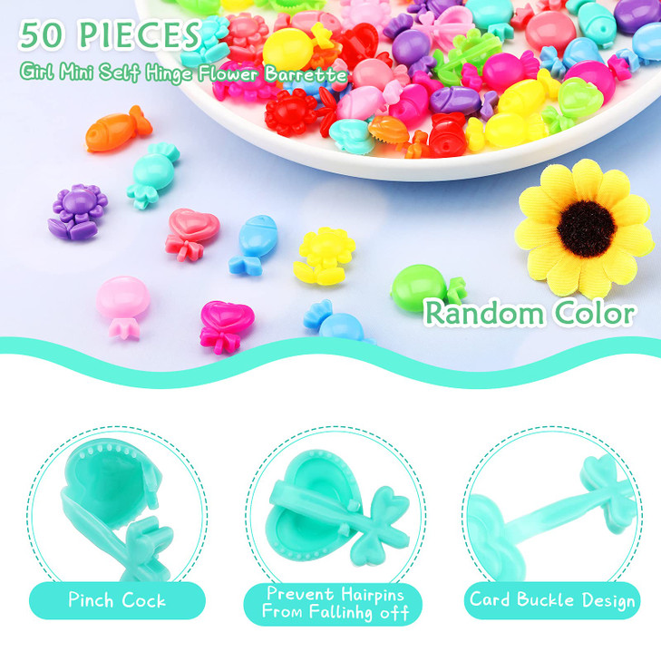 WILLBOND 50 Pcs Girls Hair Barrettes 1'' Mini Self Hinge Plastic Clips for Toddler Baby Kids Flower Bow Hair Colorful 80s 90s Cute Design Hairpins in
