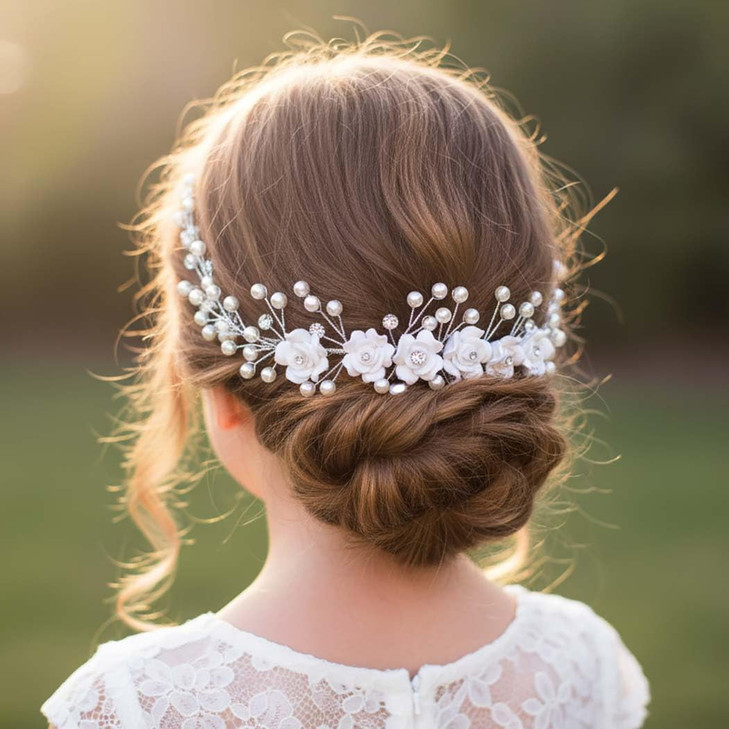Campsis Flower Girls Hair Accessory, White Floral Headband, Pearl Headpiece for Bridal