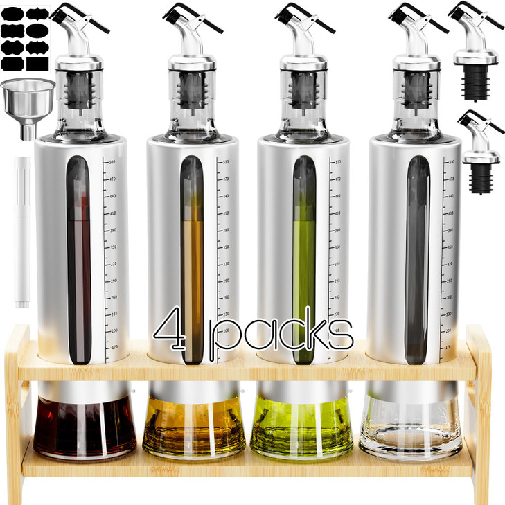 SINYWAY Oil Dispenser Bottle, 4 Pack Glass Olive Oil Dispenser Bottle with Shelf, 17oz/500 ml Oil and Vinegar Dispenser Set Wrapped in Stainless Stee
