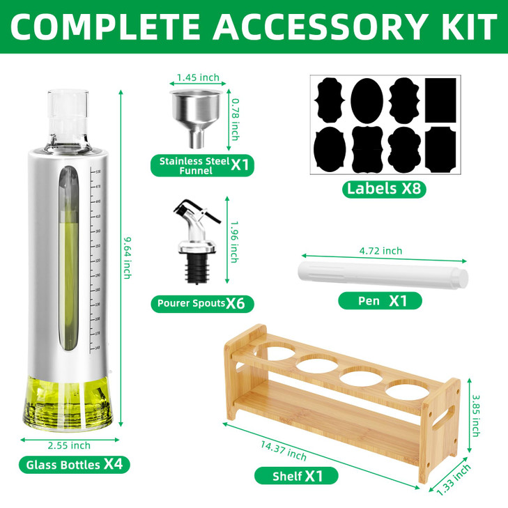 SINYWAY Oil Dispenser Bottle, 4 Pack Glass Olive Oil Dispenser Bottle with Shelf, 17oz/500 ml Oil and Vinegar Dispenser Set Wrapped in Stainless Stee