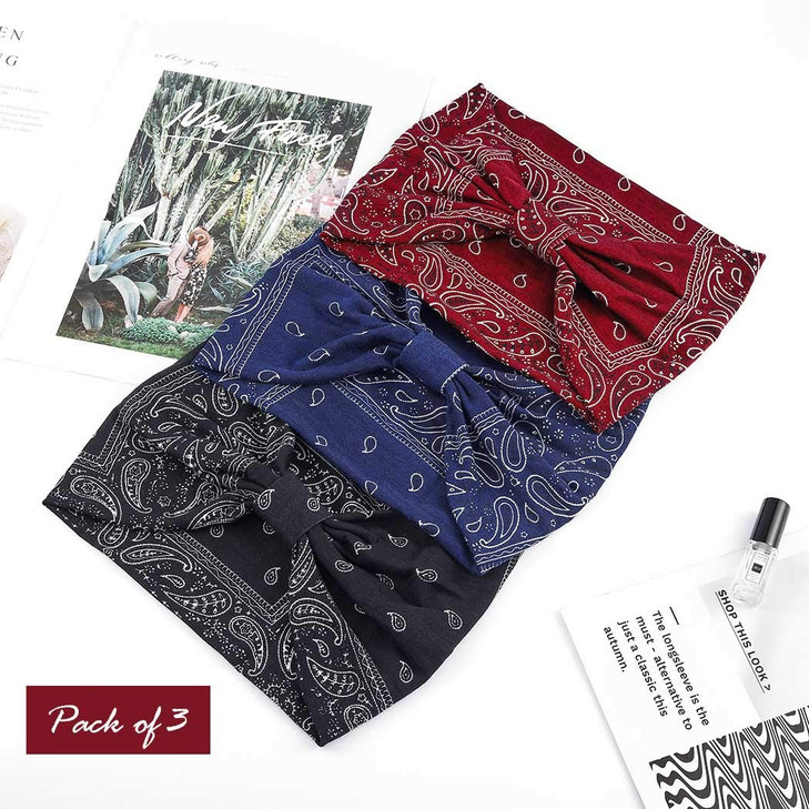 GORTIN Extra Wide Headbands for Women Boho Head Wraps Stretchy African Turban Hairband Motorcycle Hair Accessories Pack of 3