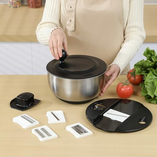 supernal 5.3Qt Stainless Steel Salad Spinner Large with Stop Button Vegetable Dryer Salad Chopper Bowl Non-Slip Base Dishwasher Safe Fruit Washer Tra