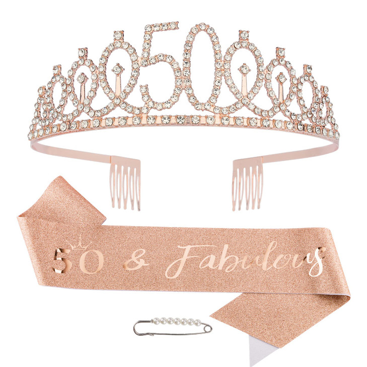 Vovii 50th Birthday Tiara and Sash Set, Rose Gold, Women's 50th Birthday Decoration and Gift, Tiara and Sash for Women Aged 50