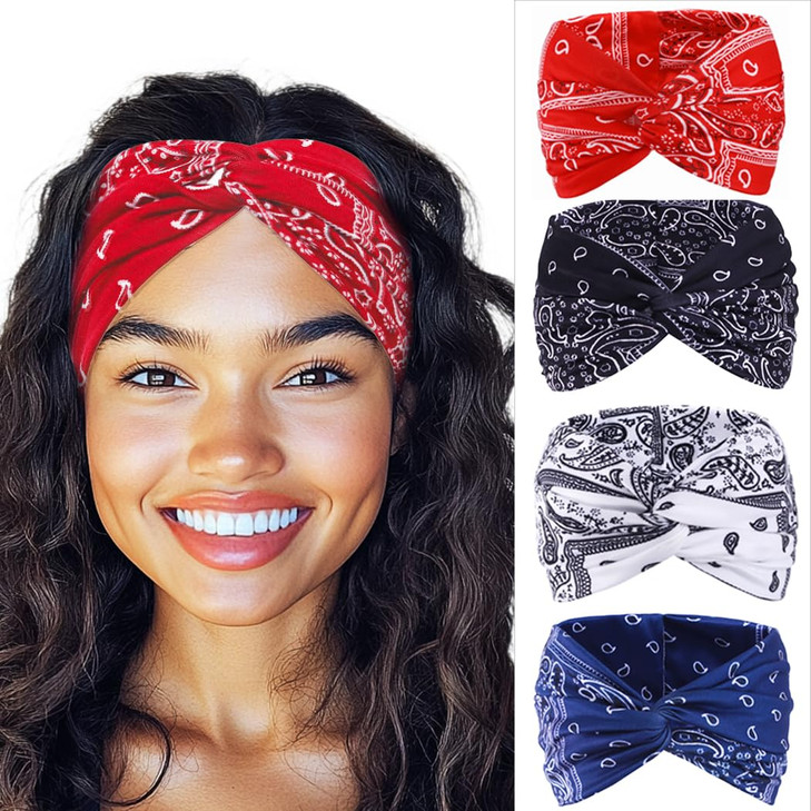 Urieo Bandana Headband Paisley Knotted Hair Bands Stretchy Head Turban Sport Yoga for Women