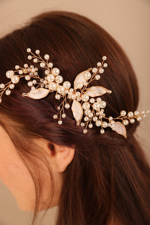 BERYUAN Gold Leaf Pearls Crystal Flowers Hair Comb, Women's Gold Bridal Hair Accessory for Wedding, Women and Girls